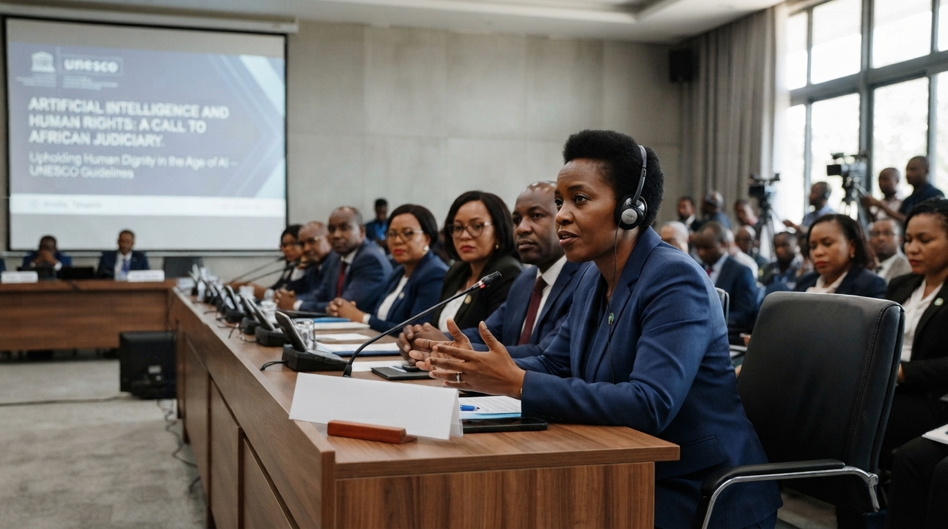 Senior African judicial leaders seated at a conference table during a UNESCO session on artificial intelligence and human rights.