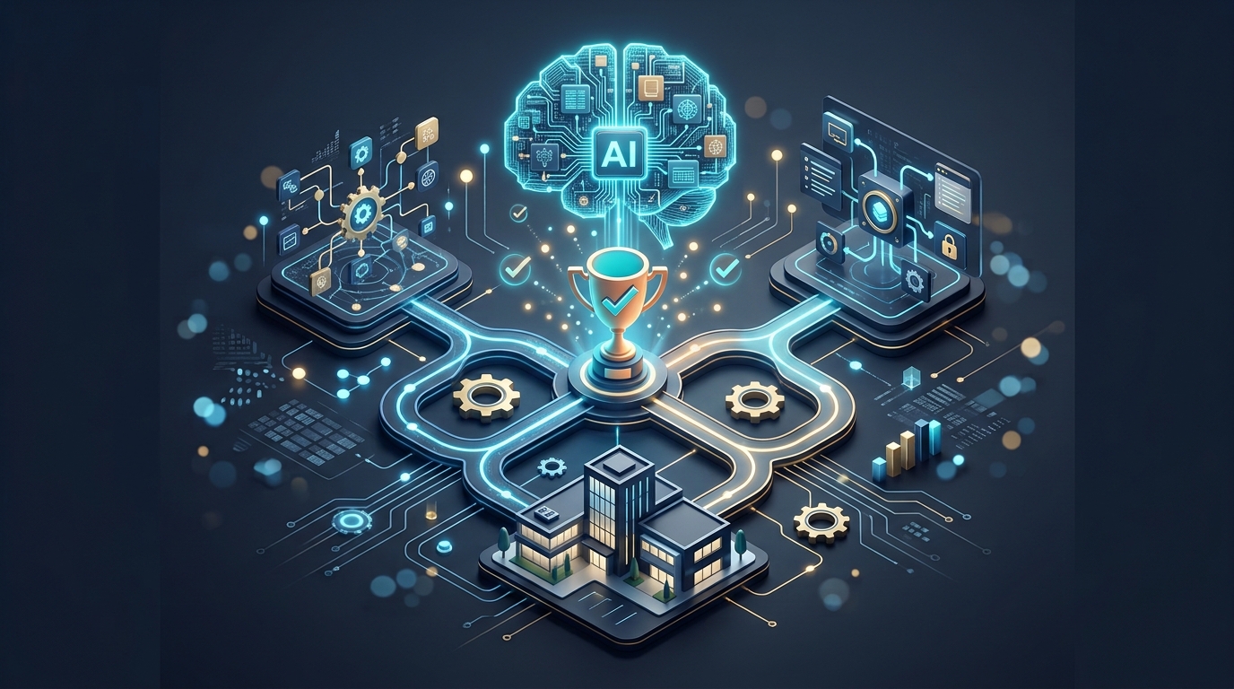 A glowing AI brain connecting business systems, symbolising how ChatGPT recommends trusted companies.