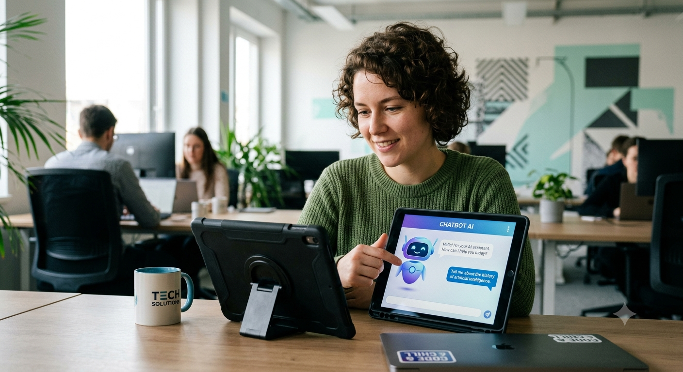 A smiling hospitality professional using a tablet showing an AI chatbot concierge assistant in a modern open-plan office.