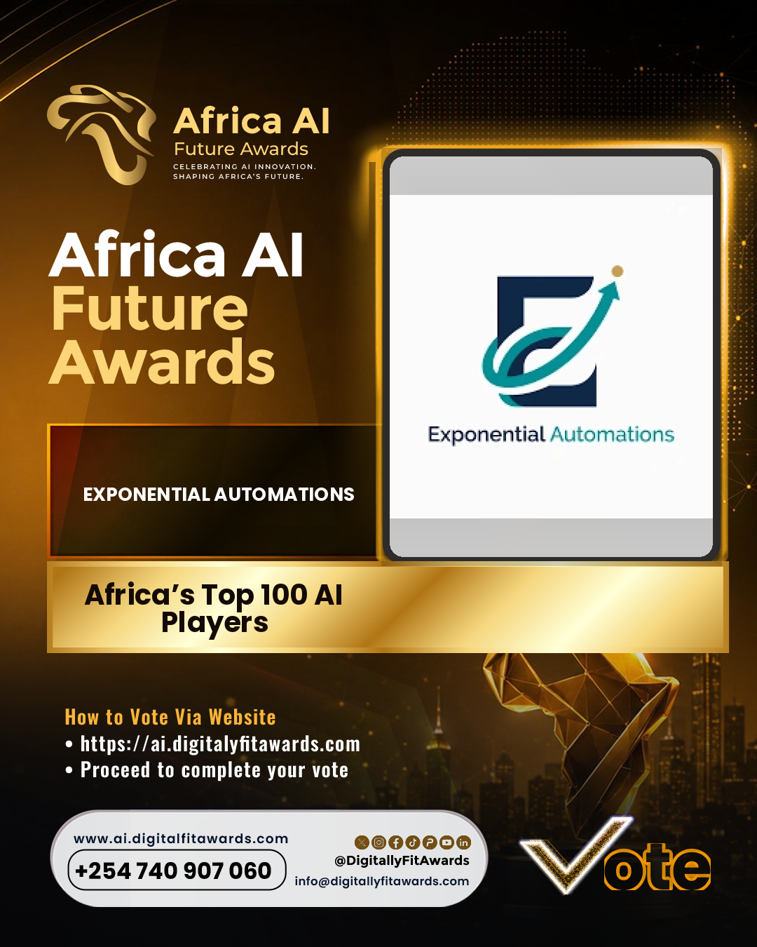 Africa AI Future Awards nomination poster for Exponential Automations — Africa's Top 100 AI Players