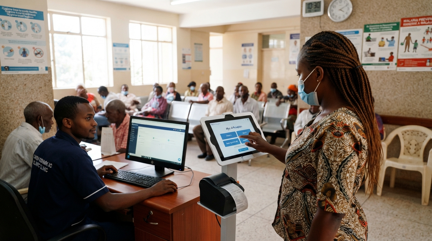 A patient checking in at a Nairobi clinic self-service kiosk while a staff member works at the front desk.