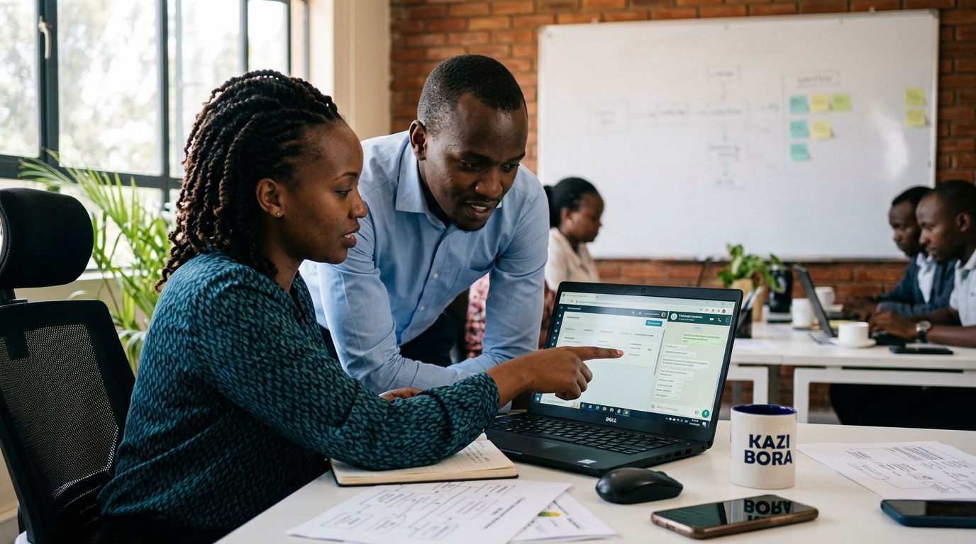 Two Nairobi professionals reviewing a connected CRM and WhatsApp dashboard on a laptop.
