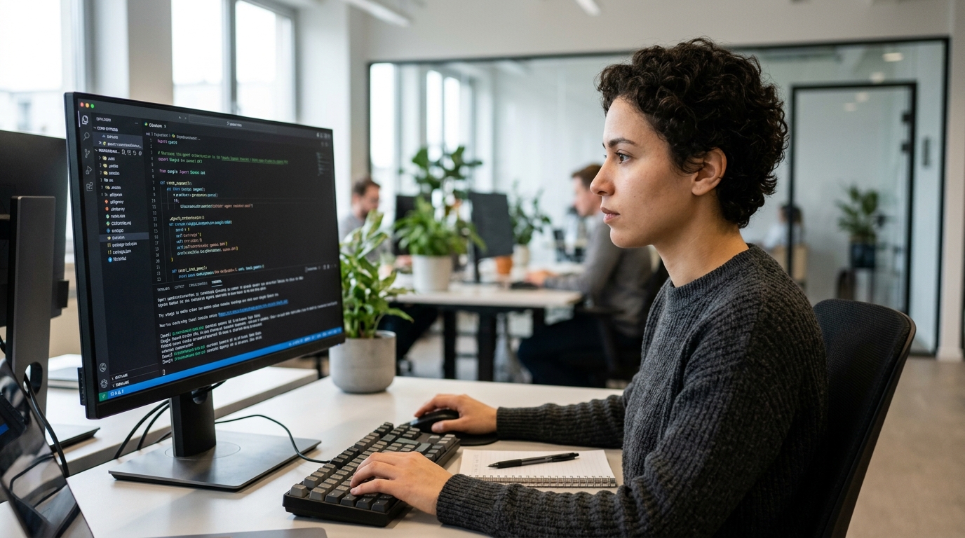 A developer working at a large monitor filled with code in a bright open-plan software office.