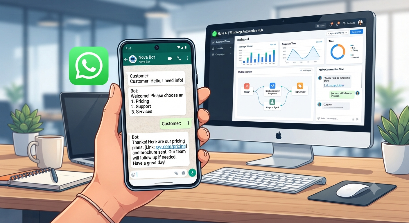 WhatsApp and M-Pesa native automation for Kenyan SMEs — a phone showing a WhatsApp bot conversation and a desktop dashboard managing automated payment and messaging flows.