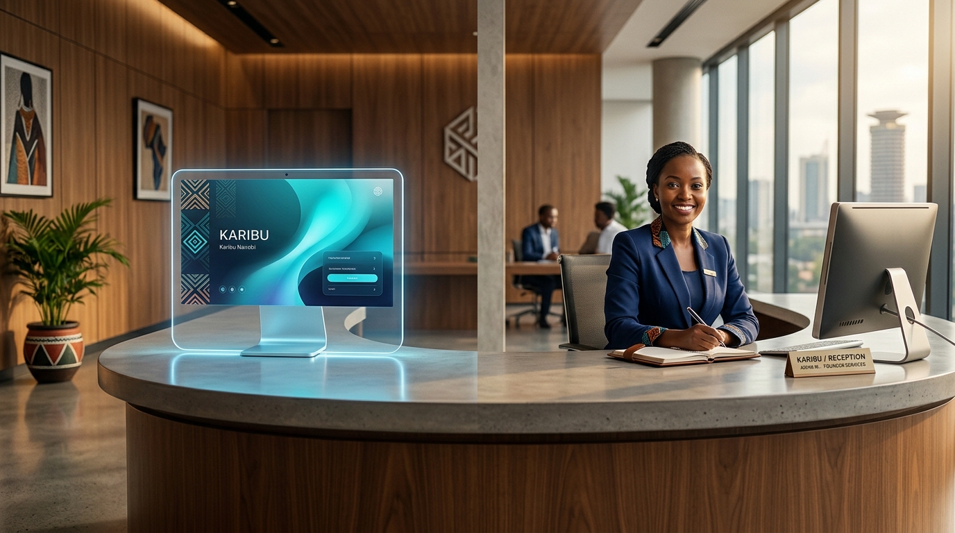 A receptionist at a front desk in a Nairobi office answering a phone call.