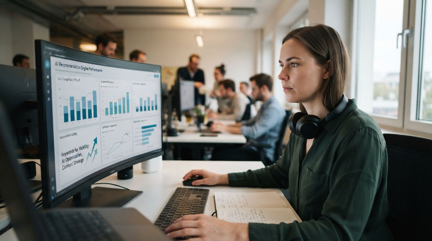 A marketer reviewing AI recommendation engine performance dashboards on a wide monitor.