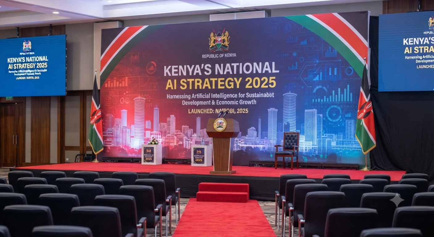 Kenya's National AI Strategy 2025 launch event with the Kenyan flag and Nairobi skyline, representing AI opportunities for Kenyan SMEs.