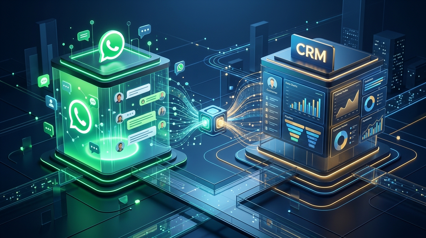 An illustration of WhatsApp conversations syncing into a CRM dashboard.