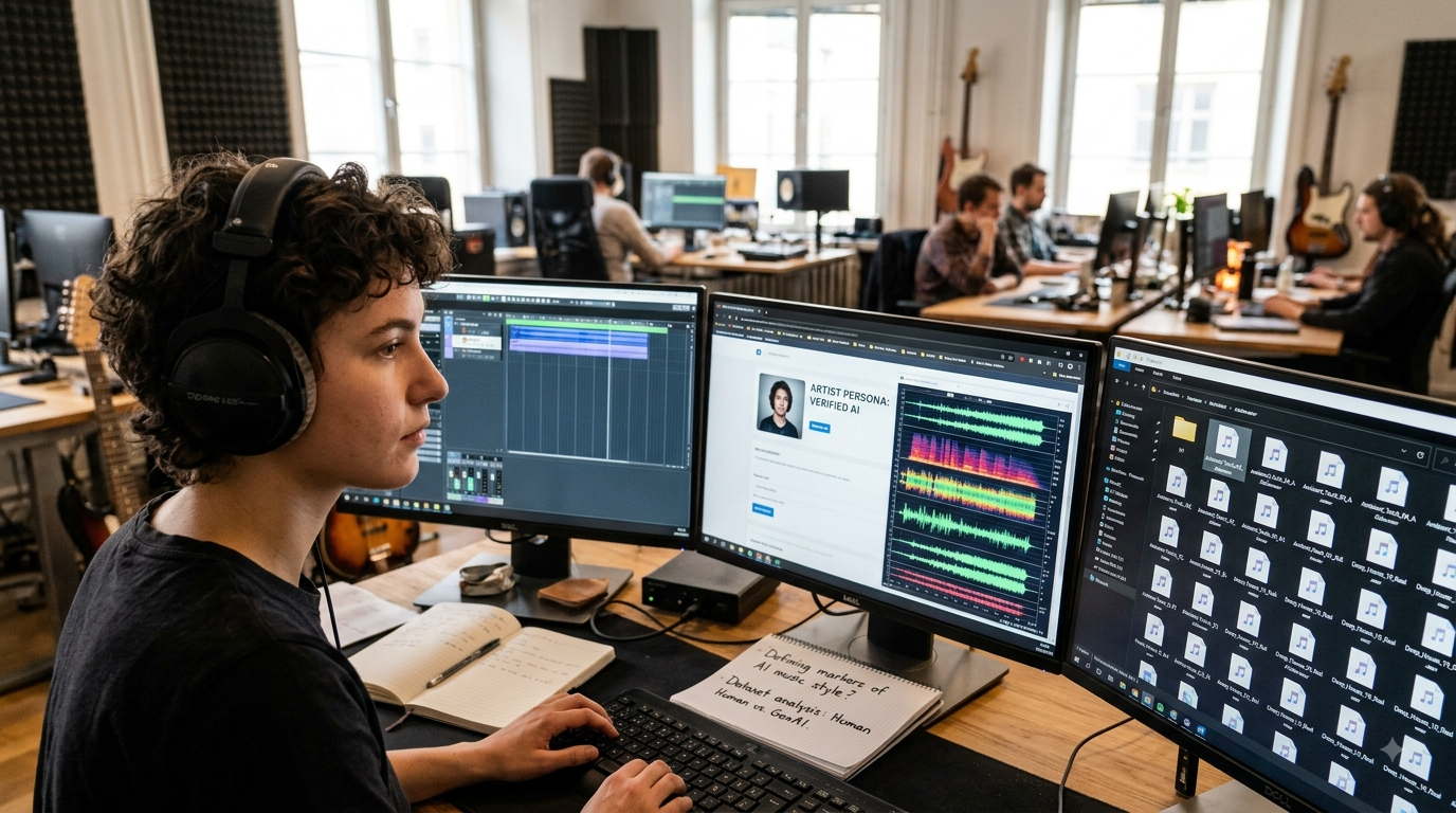 A producer wearing headphones at a multi-monitor workstation showing audio waveforms and track files.