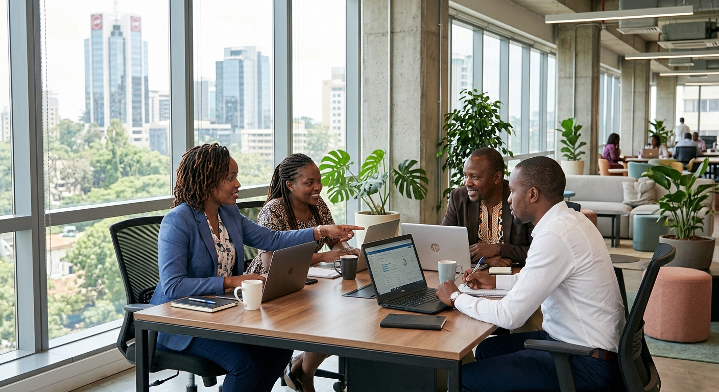 Kenyan SME team discussing business process automation around laptops in a modern Nairobi office.