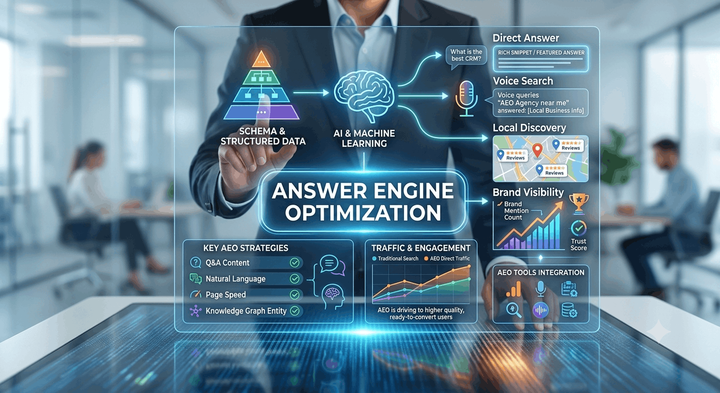 What is Answer Engine Optimization (AEO)? A diagram showing schema and structured data, AI and machine learning, direct answers, voice search, local discovery, and brand visibility.