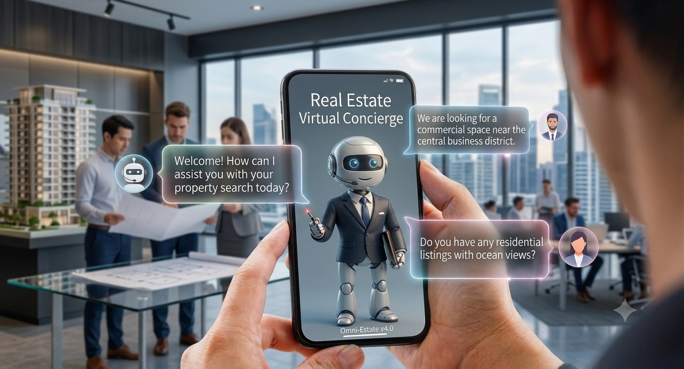 A real estate professional using a smartphone showing an AI virtual concierge chatbot in a modern Nairobi office.