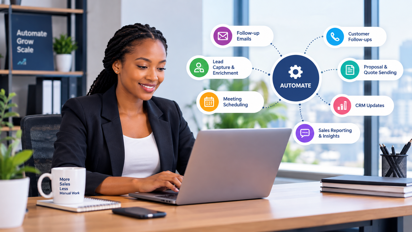 Kenyan business owner at a laptop with a diagram of automated sales tasks: lead capture, follow-up emails, meeting scheduling, proposals, CRM updates, and sales reporting.