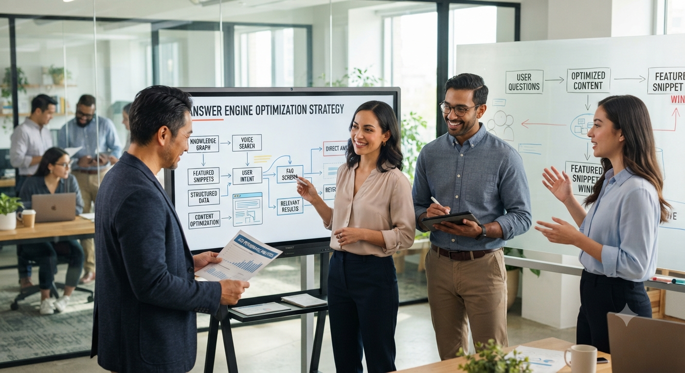 A team of professionals planning an Answer Engine Optimization strategy for a website that ranks in both Google and AI answer engines.