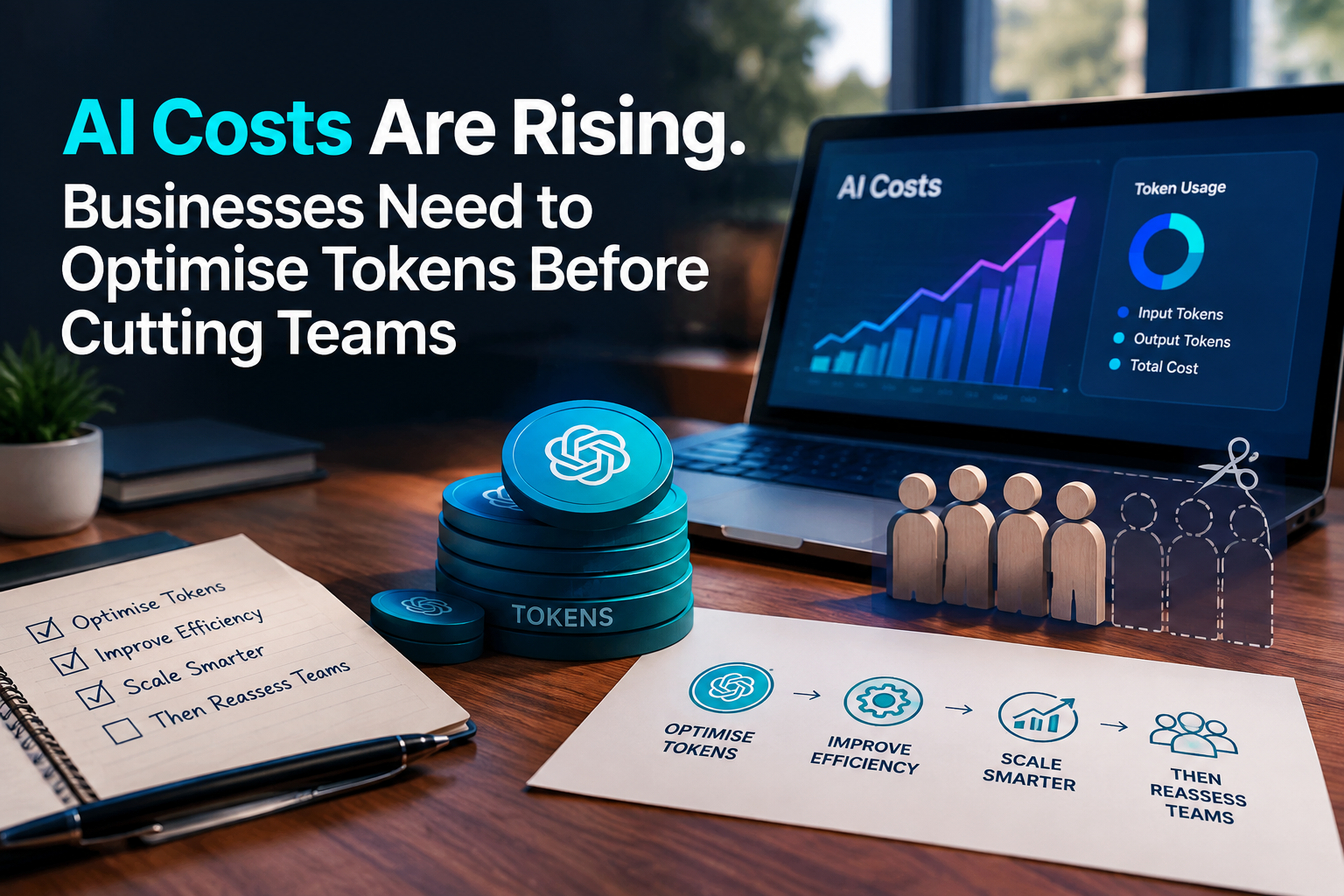 AI token cost dashboard beside stacked token coins and a workforce diagram illustrating optimisation before team cuts.