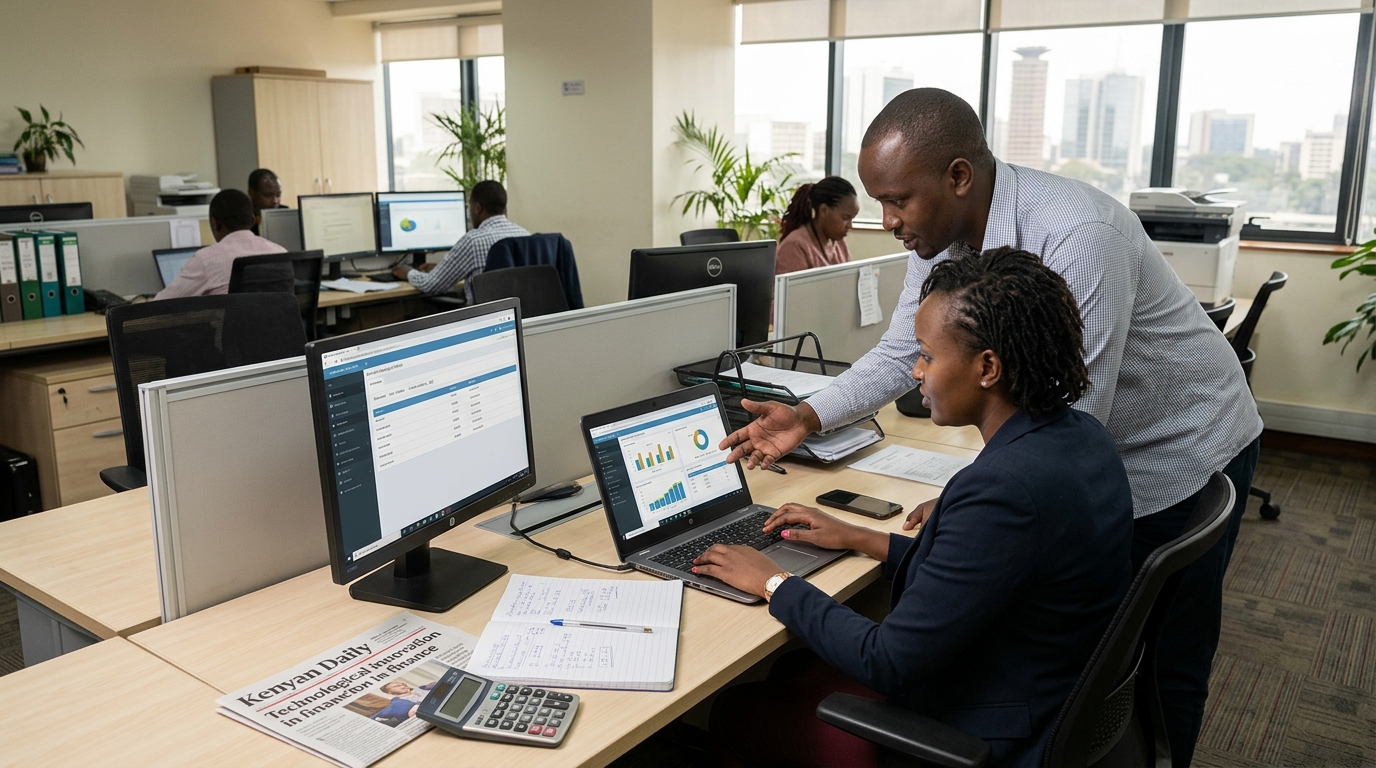 Accountants in a Nairobi office reviewing automated client reports on screen.