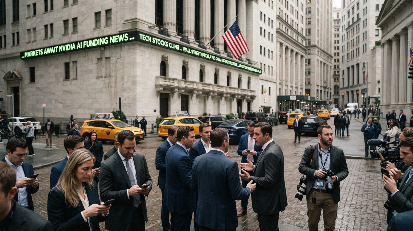 Professionals gathered outside a Wall Street building beneath a ticker reading 'Markets await Nvidia AI funding news'.